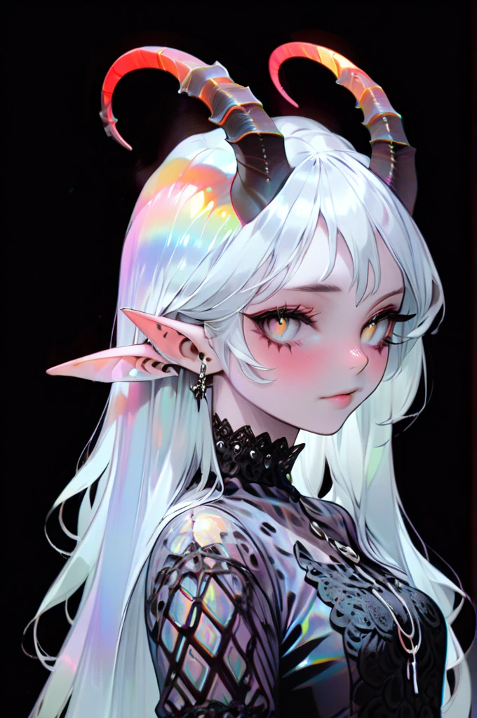 demon girl , prismatic coloration, holographic environment, chromatic black lace blouse, black background, (long straight horns:1.2)  