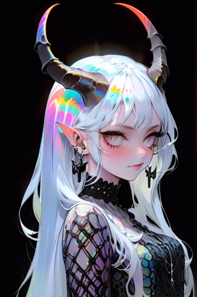 demon girl , prismatic coloration, holographic environment, chromatic black lace blouse, black background, (long straight horns:1.2)  