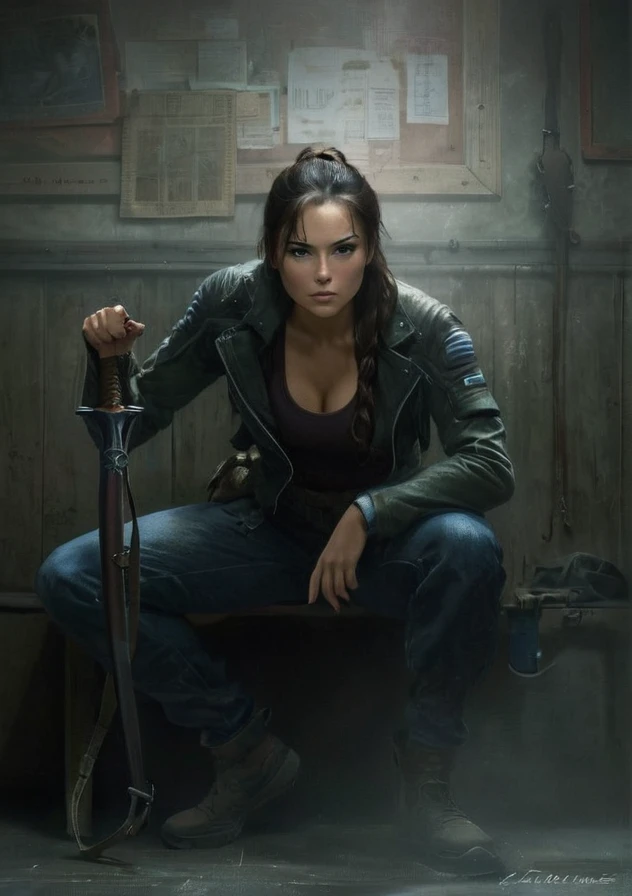 Physically, she is described as a woman of average height, avec une silhouette athlétique et musclée, result of his years of combat training. She has dark brown hair often tied in a ponytail., et des yeux bruns. His overall appearance is that of someone ready for action, avec une attitude déterminée et une posture confiante.