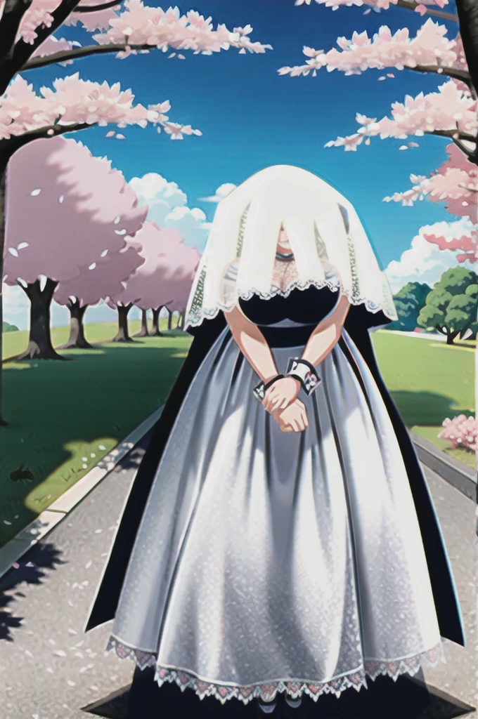 , uzumaki_kushina, detailed skin texture, (blush:0.5), (goosebumps:0.5), subsurface scattering, smiling, huge breasts, long hair curls, bangs, hair between eyes, hair ornament, hair flower, veil, choker, ribbon, bow, white dress, long dress, lace, frills, wrist cuffs, dygj \(manaka nemu\), lace socks, high heels, wariza, (arms at side:1.2), (bright sunny day, cherry blossom trees, river, footpath),  