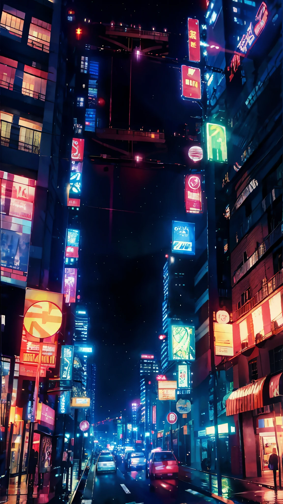 Anime Style，Night view，city，rainbow，traffic jam，building，traffic jam light，lots of，