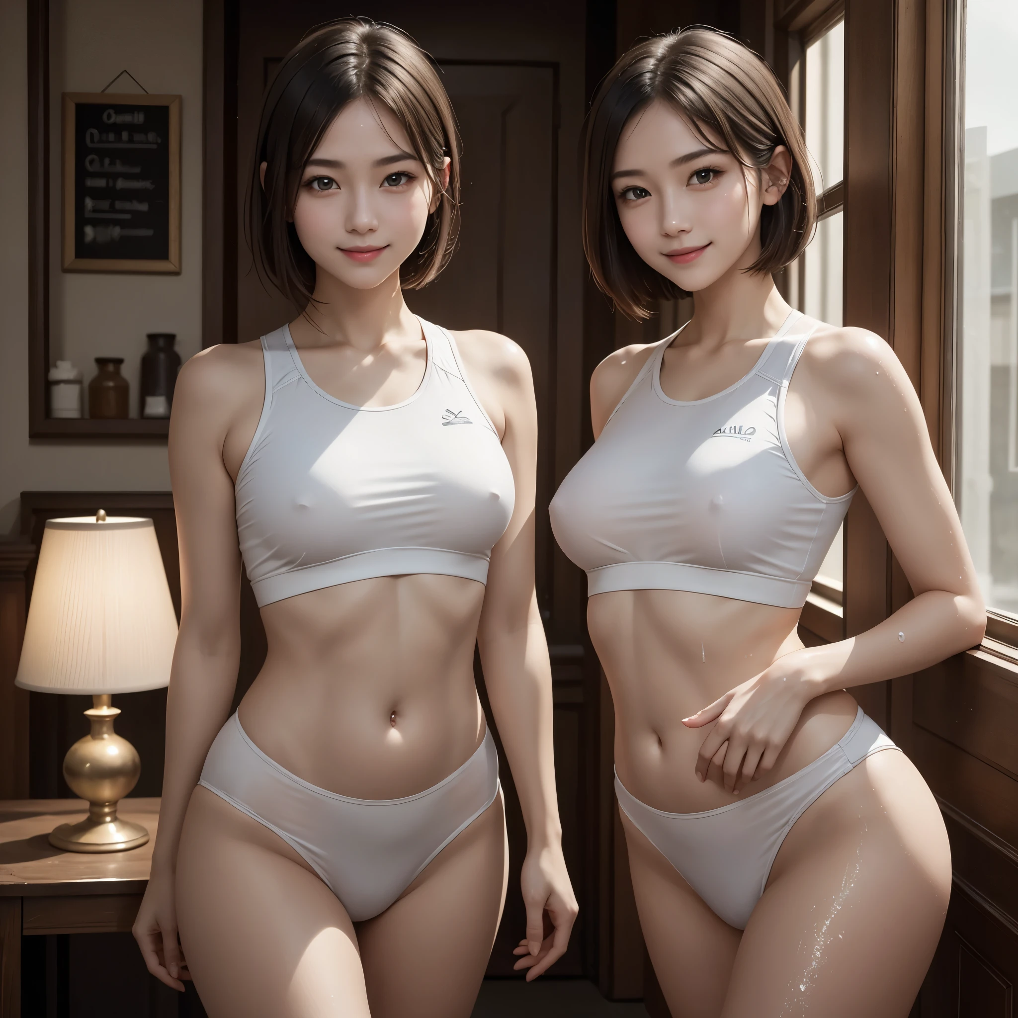 (masterpiece), highly realistic, Smiling at the viewer, Beautiful 20 year old woman in White training wear with visible belly button that is wet with sweat and transparent, Short hair and pale skin, bioluminescence, (private room), not nsfw, (perfect anatomy), 8k Resolution, wonder full, elegant, hyperrealism, approaching perfection, dynamic, highly detailed, smooth, ultra high definition, Alchemy Smooth Upscaled Image ,HD resolution, high quality boost, contrast boost, professional alchemy,