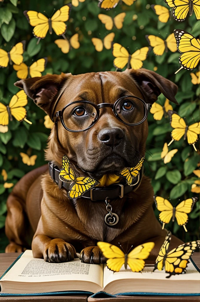 A dog with glasses, books around and yellow butterflies in the background