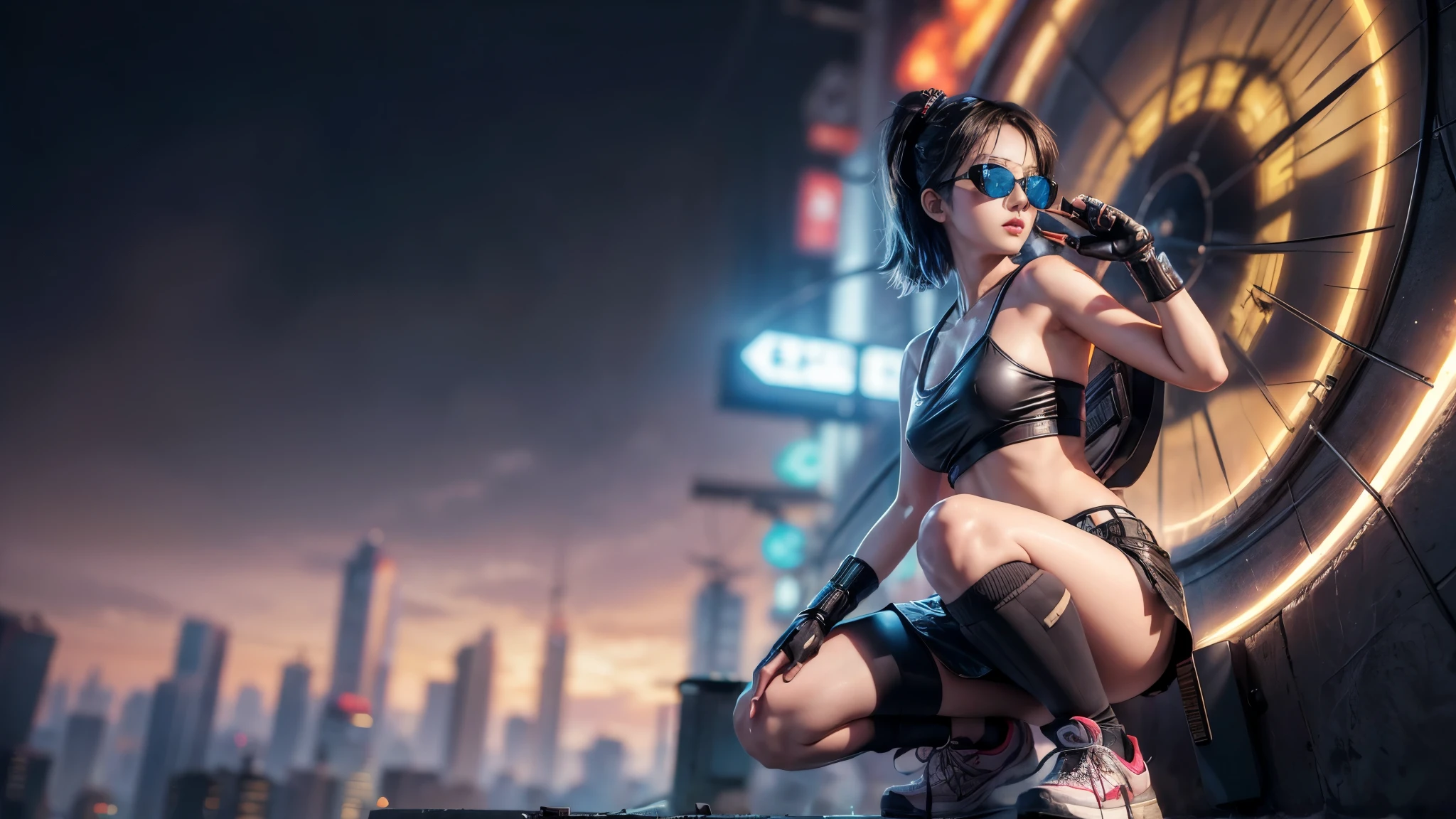 8k, Realistic Skin Texture, Realistic Photo, Neo Tokyo, slim Japanese women, large-breast:1.3 cleavage:1.2, AD2050 at night, Dirty hunting jacket, Wearing tube top, miniskirt, (((black sunglasses, automatic rifle, sneakers, cold, shooting pose, low angle view))), Innovative composition, revenge, cyberpunk, blade runner worldview, Large neon sign, Geisha hologram sign, Strong Wakamoto Sign.