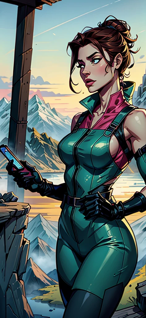 Create an image of a female adventurer wearing bright yellow clothes, showing a clear lack of interest in a smartphone. She should be holding the phone, but her focus should be on something else, such as the scenery around her or an adventure map. The setting can be an outdoor location like a forest or mountain trail, emphasizing her adventurous spirit. The overall mood should convey her disinterest in technology and her preference for the natural world.