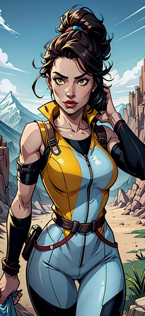 Create an image of a female adventurer wearing bright yellow clothes, showing a clear lack of interest in a smartphone. She should be holding the phone, but her focus should be on something else, such as the scenery around her or an adventure map. The setting can be an outdoor location like a forest or mountain trail, emphasizing her adventurous spirit. The overall mood should convey her disinterest in technology and her preference for the natural world.