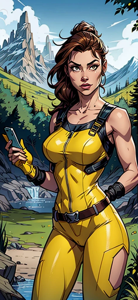 Create an image of a female adventurer wearing bright yellow clothes, showing a clear lack of interest in a smartphone. She should be holding the phone, but her focus should be on something else, such as the scenery around her or an adventure map. The setting can be an outdoor location like a forest or mountain trail, emphasizing her adventurous spirit. The overall mood should convey her disinterest in technology and her preference for the natural world.