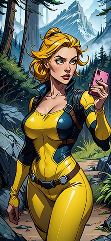 Create an image of a female adventurer wearing bright yellow clothes, showing a clear lack of interest in a smartphone. She should be holding the phone, but her focus should be on something else, such as the scenery around her or an adventure map. The setting can be an outdoor location like a forest or mountain trail, emphasizing her adventurous spirit. The overall mood should convey her disinterest in technology and her preference for the natural world.