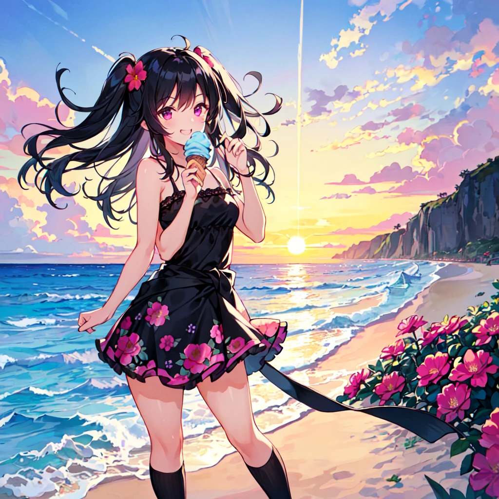 masterpiece, best quality, high quality, extremely detailed, very delicate and beautiful, (1 female 18 years old solo:1.5), (long black hair up to waist with two-side up:1.5), bangs to eyebrows, eyes Eyebrows are glossy, (eye color: magenta:1.3), 6.5 head height, (summer flower print dress: 1.3), knee socks, lace, frills, (smiling), (eating with soft ice cream), (standing), (dynamic pose), (background ocean beach: 1.3), (sunset:1.3)