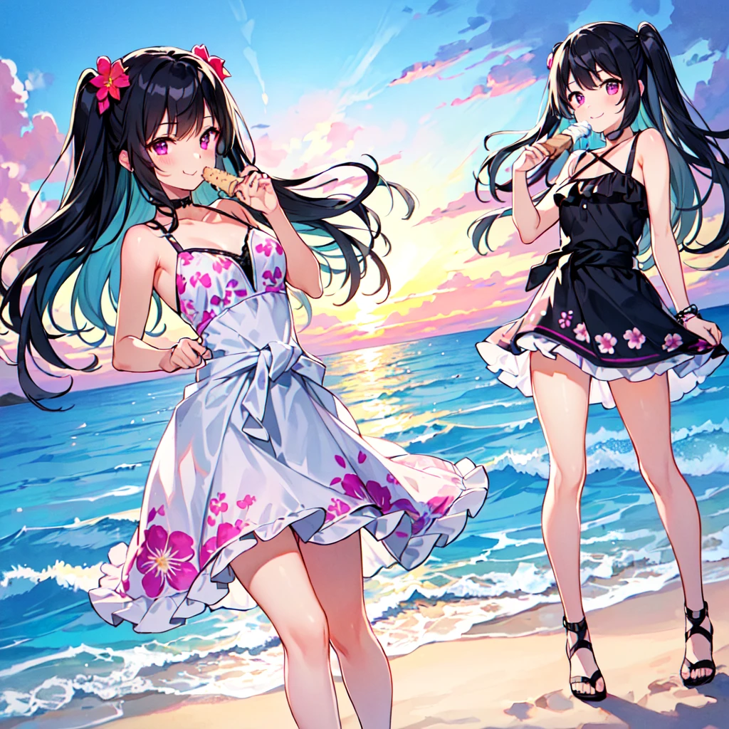 masterpiece, best quality, high quality, extremely detailed, very delicate and beautiful, (1 female 18 years old solo:1.5), (long black hair up to waist with two-side up:1.5), bangs to eyebrows, eyes Eyebrows are glossy, (eye color: magenta:1.3), 6.5 head height, (summer flower print dress: 1.3), knee socks, lace, frills, (smiling), (eating with soft ice cream), (standing), (dynamic pose), (background ocean beach: 1.3), (sunset:1.3)