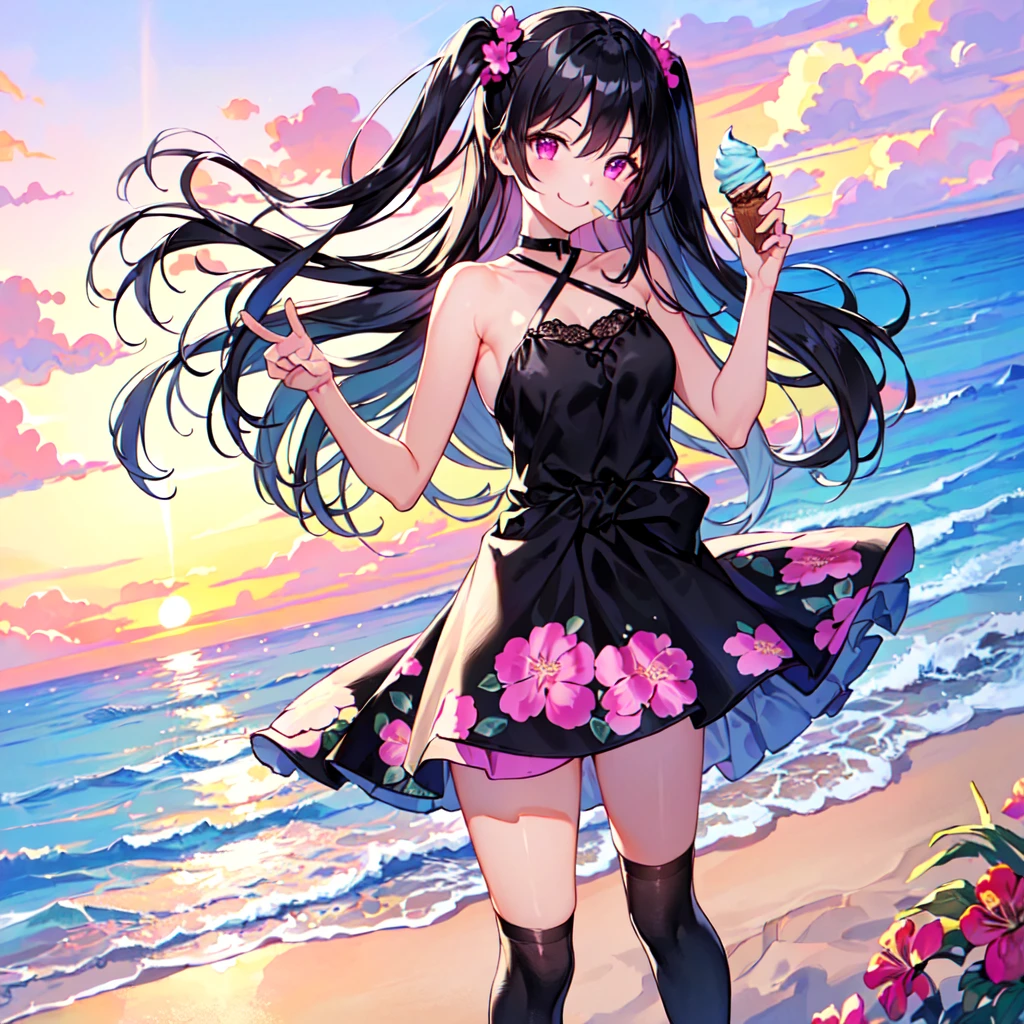 masterpiece, best quality, high quality, extremely detailed, very delicate and beautiful, (1 female 18 years old solo:1.5), (long black hair up to waist with two-side up:1.5), bangs to eyebrows, eyes Eyebrows are glossy, (eye color: magenta:1.3), 6.5 head height, (summer flower print dress: 1.3), knee socks, lace, frills, (smiling), (eating with soft ice cream), (standing), (dynamic pose), (background ocean beach: 1.3), (sunset:1.3)