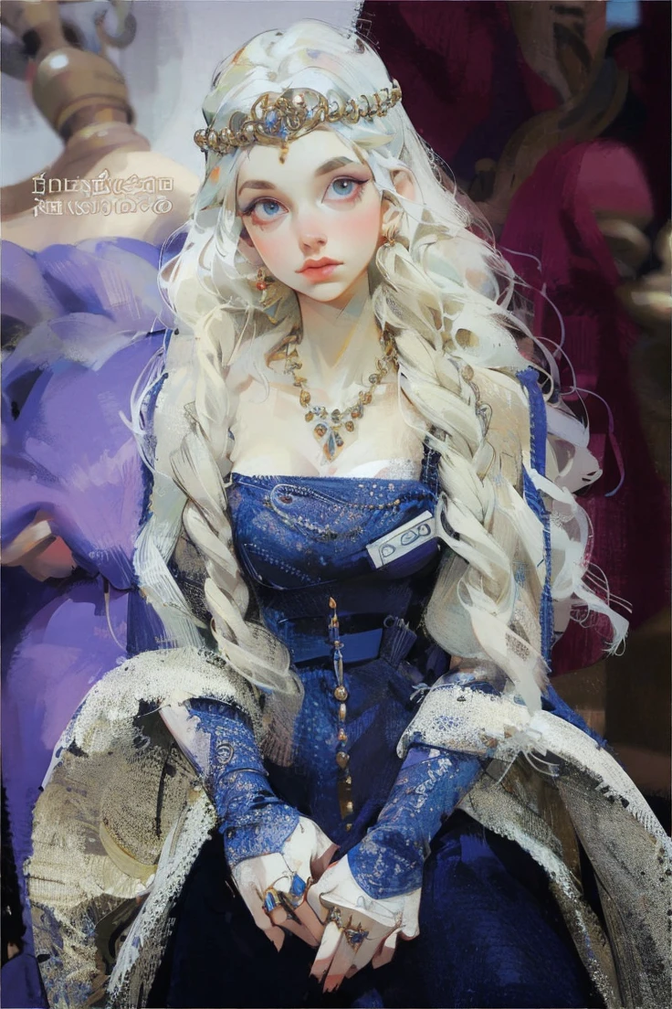 Girl with white wavy hair,side braids,beautiful necklace, Targaryen women hairstyle,beautiful gold tiara, red and black dress