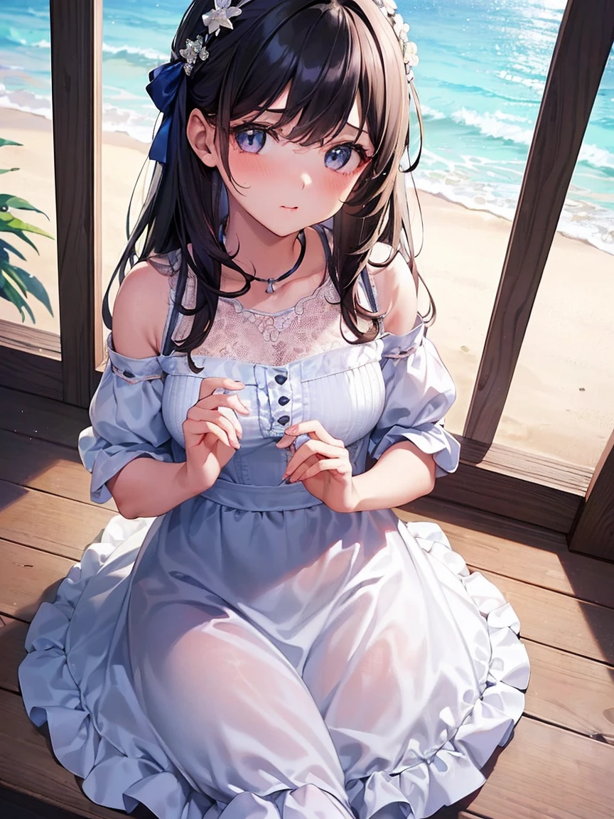 (High quality, High resolution, Fine details, Realistic), Long Wave Hair、dark brown hair、Earring、Modest necklace、white  shirt、flered skirt,wet costume、 rays of sunshine, Solo, Adult Woman, Sparkling eyes, Shy laughter,Kamimei、 blush, Large breasts,  Oily skin, Shallow depth of field、Puffy nipple、Pose with emphasis on the chest、Beachfront hotels、Lying down、Light blue lace panties、spreading arms widely、Before sex、Spread your knees apart