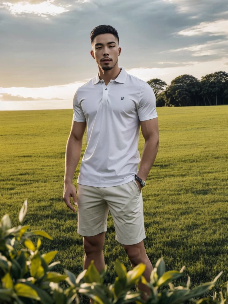 Tony Labrusca, Young man in a white polo shirt Standing on the edge of the meadow with an expression on his face, looking into the distance Turn your head slightly.，Cloudy day, coffee shop