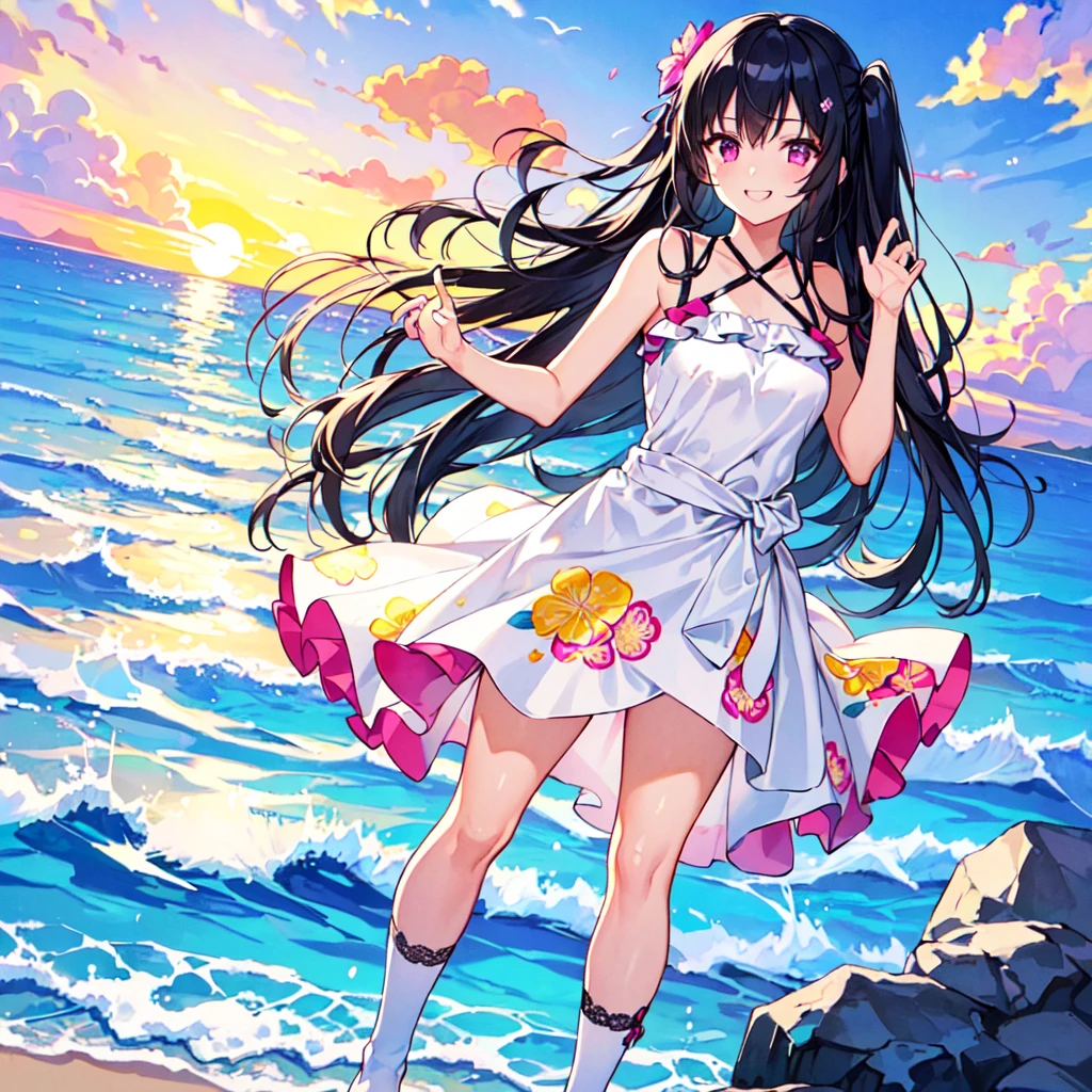 masterpiece, best quality, high quality, extremely detailed, very delicate and beautiful, (1 female 18 years old alone solo:1.5), (long black hair up to waist with two side up:1.5), bangs to eyebrows, eyes (eyes sharp, strong glossy glossy eyes, eyebrows glossy, (eye color magenta:1.3), 6.5 head height, (bikini swimsuit Flower Peta print:1.3), ruffled, (smiling), (standing:1.3), (dynamic pose), (background Flower Petal and sea:1.3) , (sunset:1.3)