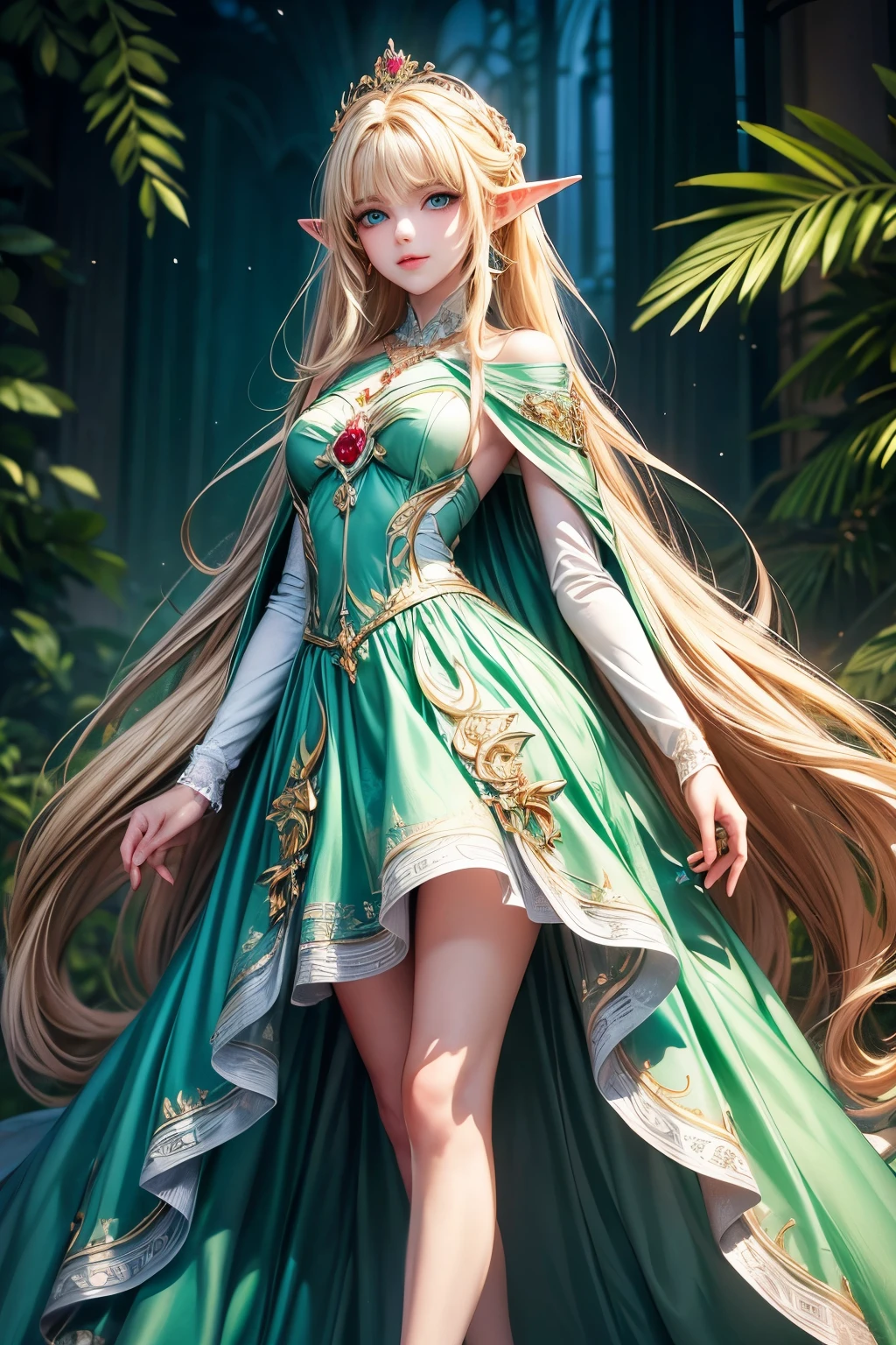 masterpiece,Highest quality,Very detailed,Elf Beautiful Girl, teenager,Long blonde hair,Very beautiful and detailed eyes,Thin legs,Long skirt, underweight,Small breasts, full body,Beautiful peppermint green dress,Large ruby necklace,gem,Luxurious cape,A luxurious palace