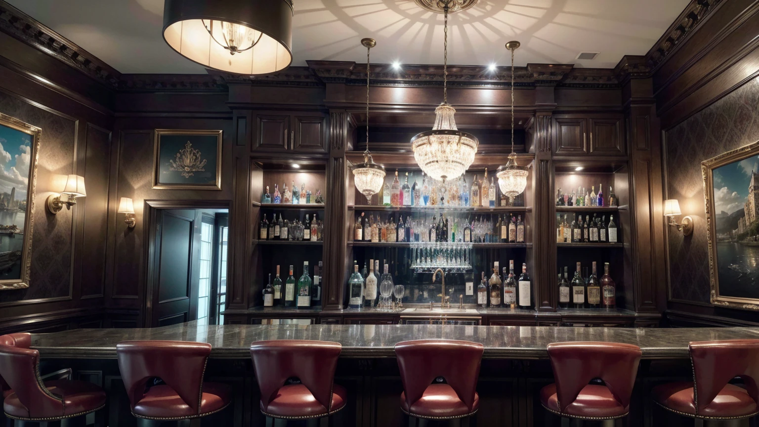 create an ultra-high definition, hyper-realistic, highly detailed, high quality image with sharp focus, professional lighting, vivid colors and intricate details, representing in detail a Pub modern, bar area with high stools, displaying a selection of spirits, shelf with drinks, meticulously capturing every intricate detail. utilize state-of-the-art deep learning models and adjust parameters according to quality metrics such as structural similarity (SSIM) and perceptual loss to create an indistinguishable image from a high-quality real photograph, sharp focus Fujifilm XT3, professional lighting, vivid colors, intricate details, film grain, realistic painting art Fujifilm XT3, f5.6, physically based rendering, natural lighting, cinematic lighting, dramatic lighting, professional, dynamic motion, colorful lighting, colors vibrant, studio lighting, professional photography, cinematic compositing, symmetrical framing, landscape, (best quality,4k,8k,16k,Highest,masterpiece:1.2),(realistic,photorealistic,photo-realistic:1.37), (extremely detailed CG unit, 16k wallpaper), 16k UHD, 16k HDR, (ultra-high definition, hyper-realistic, highly detailed, high image quality, sharp focus, professional lighting, vivid colors and intricate details),