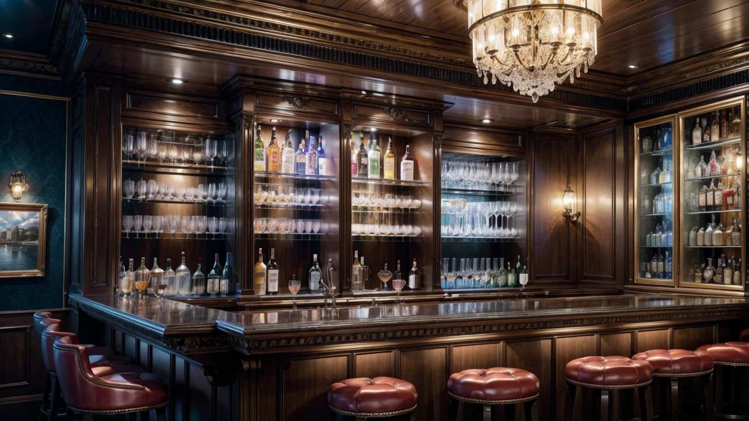create an ultra-high definition, hyper-realistic, highly detailed, high quality image with sharp focus, professional lighting, vivid colors and intricate details, representing in detail a Pub modern, bar area with high stools, displaying a selection of spirits, shelf with drinks, meticulously capturing every intricate detail. utilize state-of-the-art deep learning models and adjust parameters according to quality metrics such as structural similarity (SSIM) and perceptual loss to create an indistinguishable image from a high-quality real photograph, sharp focus Fujifilm XT3, professional lighting, vivid colors, intricate details, film grain, realistic painting art Fujifilm XT3, f5.6, physically based rendering, natural lighting, cinematic lighting, dramatic lighting, professional, dynamic motion, colorful lighting, colors vibrant, studio lighting, professional photography, cinematic compositing, symmetrical framing, landscape, (best quality,4k,8k,16k,Highest,masterpiece:1.2),(realistic,photorealistic,photo-realistic:1.37), (extremely detailed CG unit, 16k wallpaper), 16k UHD, 16k HDR, (ultra-high definition, hyper-realistic, highly detailed, high image quality, sharp focus, professional lighting, vivid colors and intricate details),