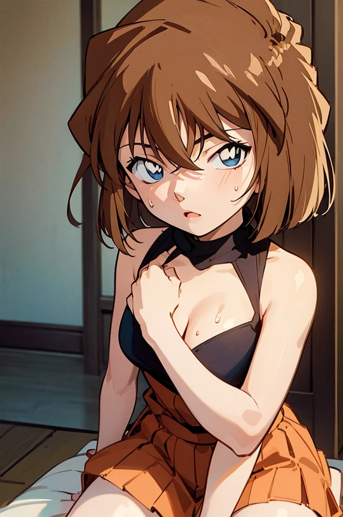 Highest quality, masterpiece, 4K, Highly detailed face, Highly detailed skin, Highly detailed wallpaper, Japanese anime, Second Dimension, Small face, Big Breasts, Normal body, Accurate body, Fine skin, Very beautiful cleavage, NSFW, whole body, One girl, A face that makes you want to have sex, On the bed, Sweaty, Cosplay, , mini skirt, Cowgirl, Angle from below