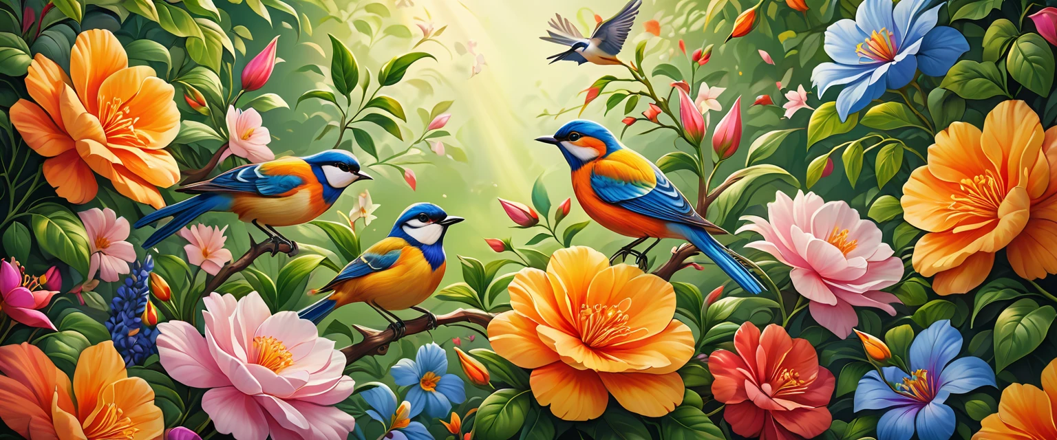 A beautiful detailed flower and bird pattern, intricate floral design, delicate petals, vibrant colors, lush greenery, dynamic composition, centered focus, (best quality,4k,8k,highres,masterpiece:1.2),ultra-detailed,(realistic,photorealistic,photo-realistic:1.37),digital art,illustration,oil painting,vibrant colors,dynamic lighting,warm color palette