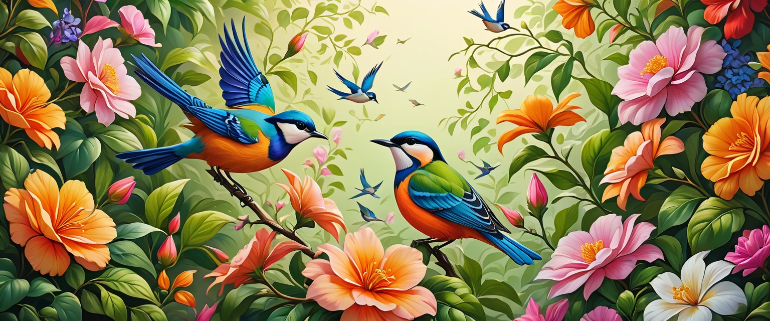A beautiful detailed flower and bird pattern, intricate floral design, delicate petals, vibrant colors, lush greenery, dynamic composition, centered focus, (best quality,4k,8k,highres,masterpiece:1.2),ultra-detailed,(realistic,photorealistic,photo-realistic:1.37),digital art,illustration,oil painting,vibrant colors,dynamic lighting,warm color palette