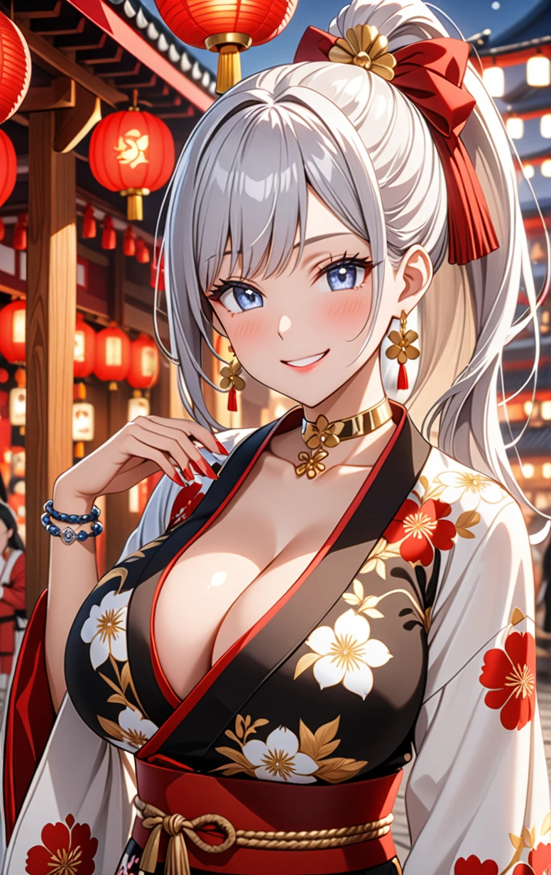 ((one girl)), hyper detailed, absurdres, 8K,Cute face, (Laugh shyly), ((teasing smile:1.8)), ((Wink:1.8)), (Laugh with your mouth wide open:1.3),(Tilt your head:1.3), View your viewers, ((Bright red cheeks:1.6)),Glossy Red Lips, ((Big Breasts:1.5)) night, Shrine festival stalls, (Brighten your face), ((Anime style background)),masterpiece, Highest quality, so beautiful,Latest, Complex details, (Pink long nails), (nail art), (ring),(bracelet), (Floral Choker),AI-generated, Complex,High resolution, Highest quality, super high quality,3D Images、3D Images,One person,Long white hair,(High Ponytail), Anime woman posing for a photo,((blue eyes:1.2)), ((Fine grain、Silver Eyes、Shining Eyes:1.7)), (Squint your eyes:1.1),a hyperRealistic , hyperRealistic , Realistic,Anime woman with long white hair, Smooth anime CG art, With gold embroidery、A girl in a gorgeous kimono, ((Black long sleeve kimono:1.3)),(Red large floral pattern) ,Long flower hair ornament,Floral Earrings,Mature Body, expensive,Abdominal muscles,Tight waist,((Zoom in on face:2.1)), ((from blow)),