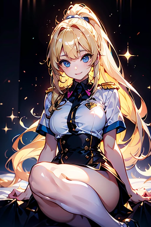 (1 Girl), (Big eyes: 1.2), Splash Art Anime Lolita, blonde anime girl with long hair, Smooth anime CG art, Ultra high definition, animation art wallpaper 8k, 16K Comic Wallpaper, (Big Breasts: 1.3), Slender body, (Beautiful breasts: 1.3), Perfect body, (Wearing uniform: 1.3), Spoiled, Captivate, 