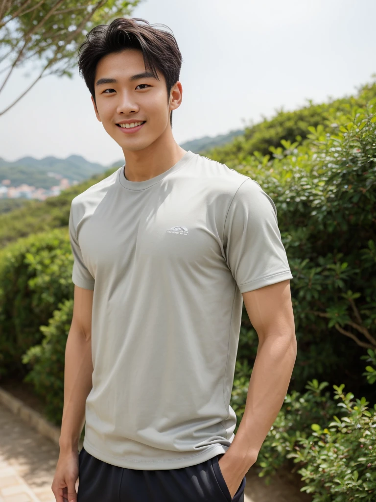 独奏: 1.5, (As a matter of fact, Masterpiece, 8k HD, good light quality, sportswear, fit the face, complicated details), A handsome, muscular young Korean man. , 20 years old, be happy, smile brightly, detailed face, delicate eyes, มองดูsky, Wearing a tight gray t-shirt:1.6, period, black eyes, Black hair color, ผมsmooth, smooth, outdoor sports, Along the garden, Sunny,sky,Surreal,Awesome details,Highest quality,real,Open your mouth to talk. , Close your eyes., Seaside, beach, sunlight, running towards the camera