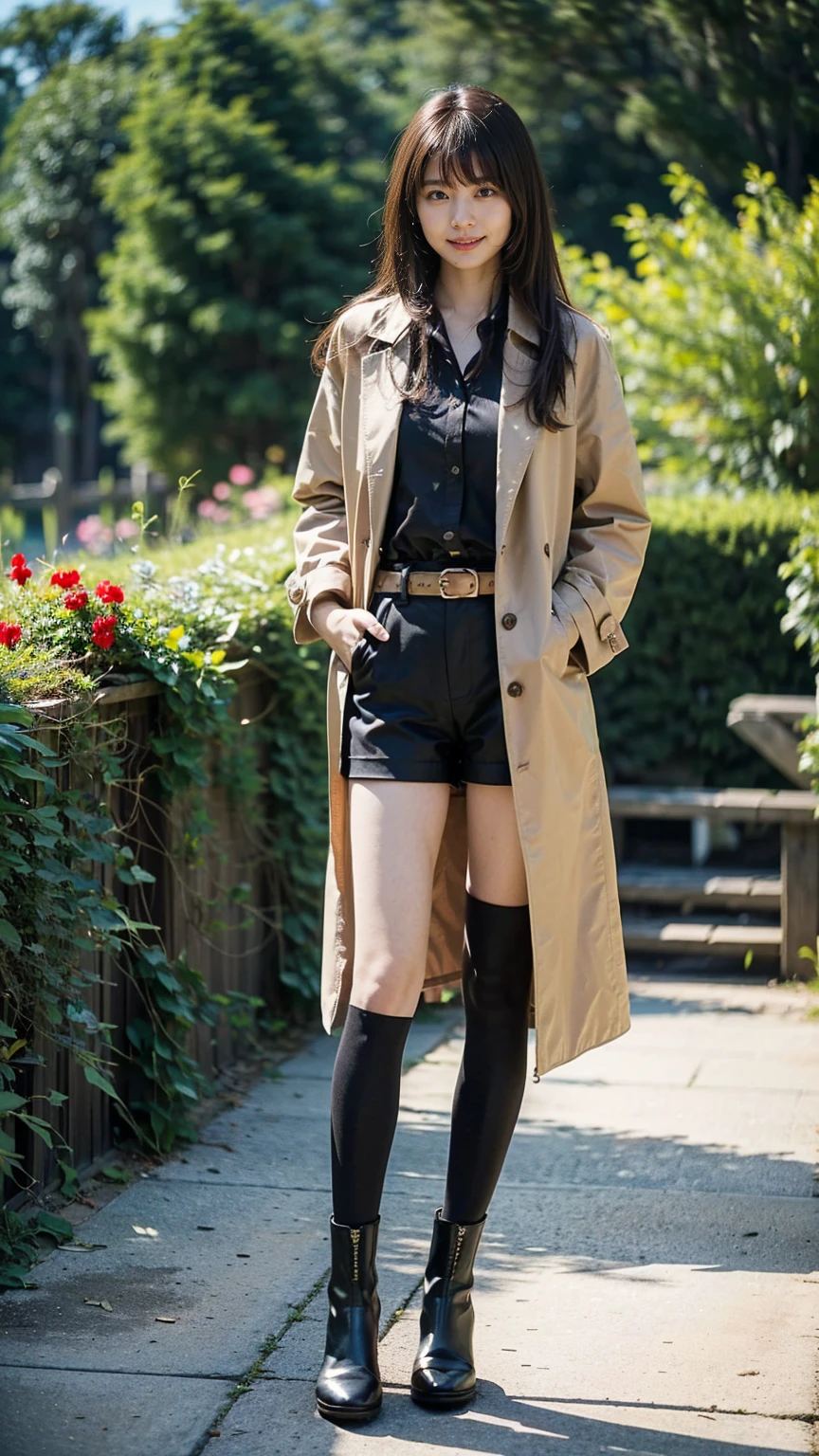 (8K、RAW Photos、Highest quality、masterpiece:1.2)、(Realistic、Realistic)、1 Girl、((Shorts、shirt、Long coat、black、Thin legs、whole body、boots、one piece、tights、garden、View from the front、smile、Looking into the camera、belt、Stand with hands on hips))、cute