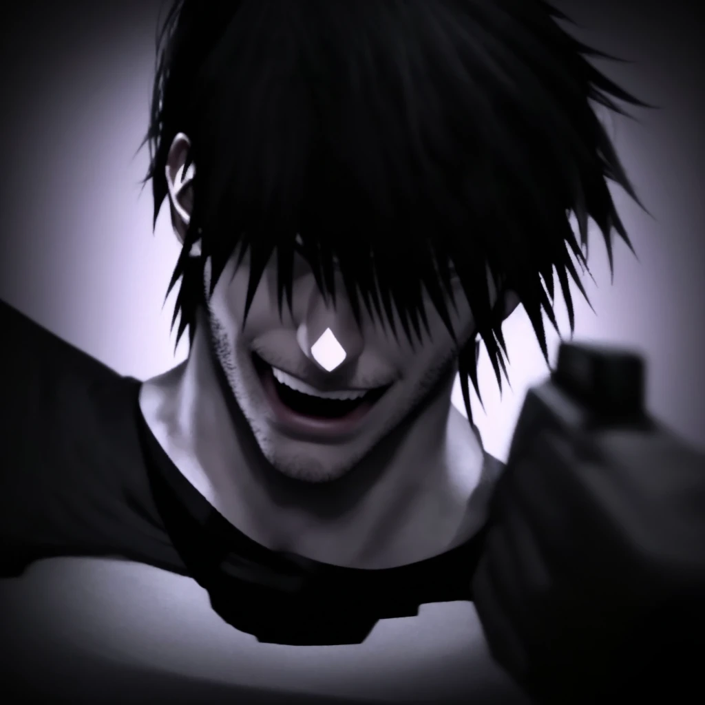  The image shows a man with black hair and a smirk, holding a gun. He appears to be in a state of excitement or anticipation. 3d, hd, 4k