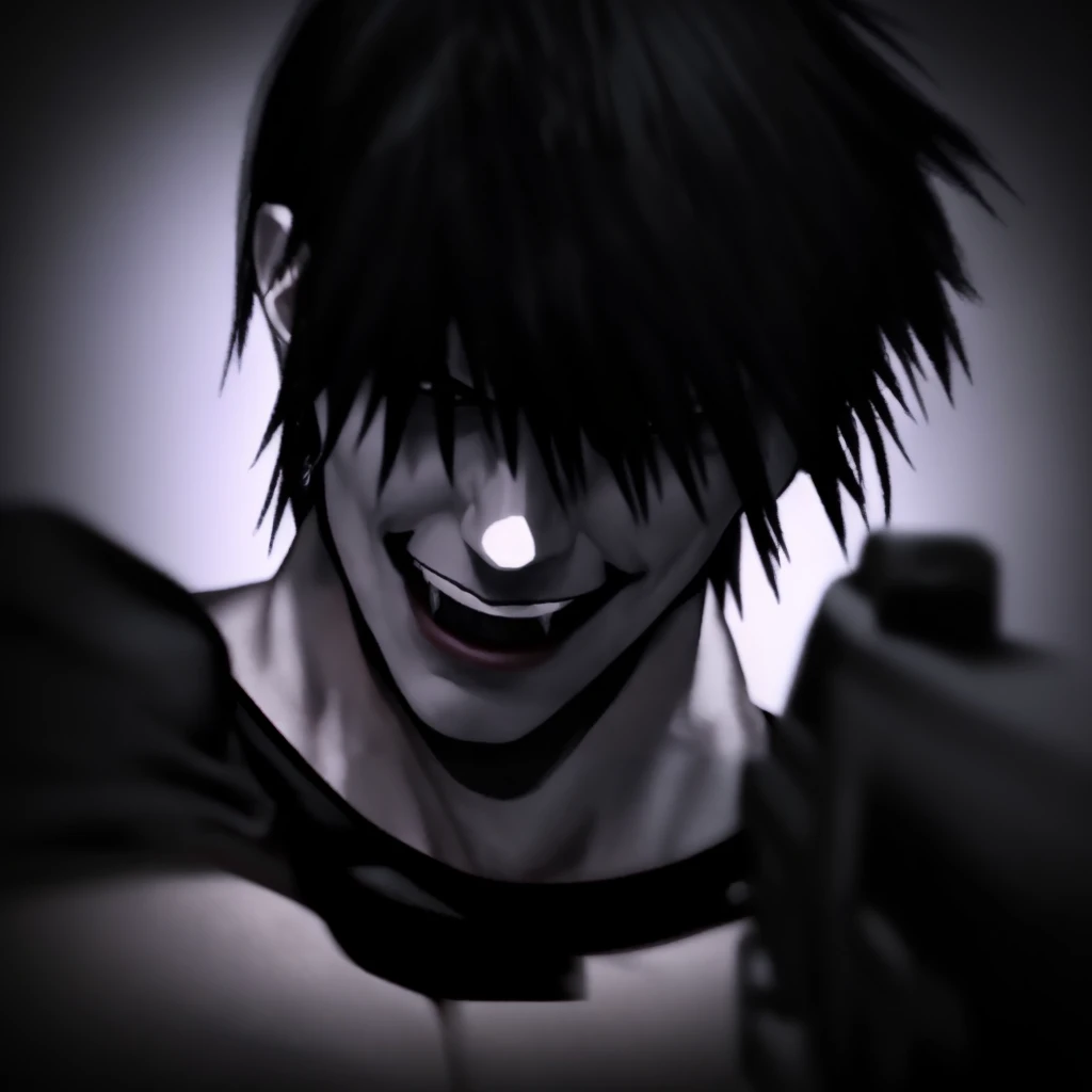 The image shows a man with black hair and a smirk, holding a gun. He appears to be in a state of excitement or anticipation. 3d, hd, 4k