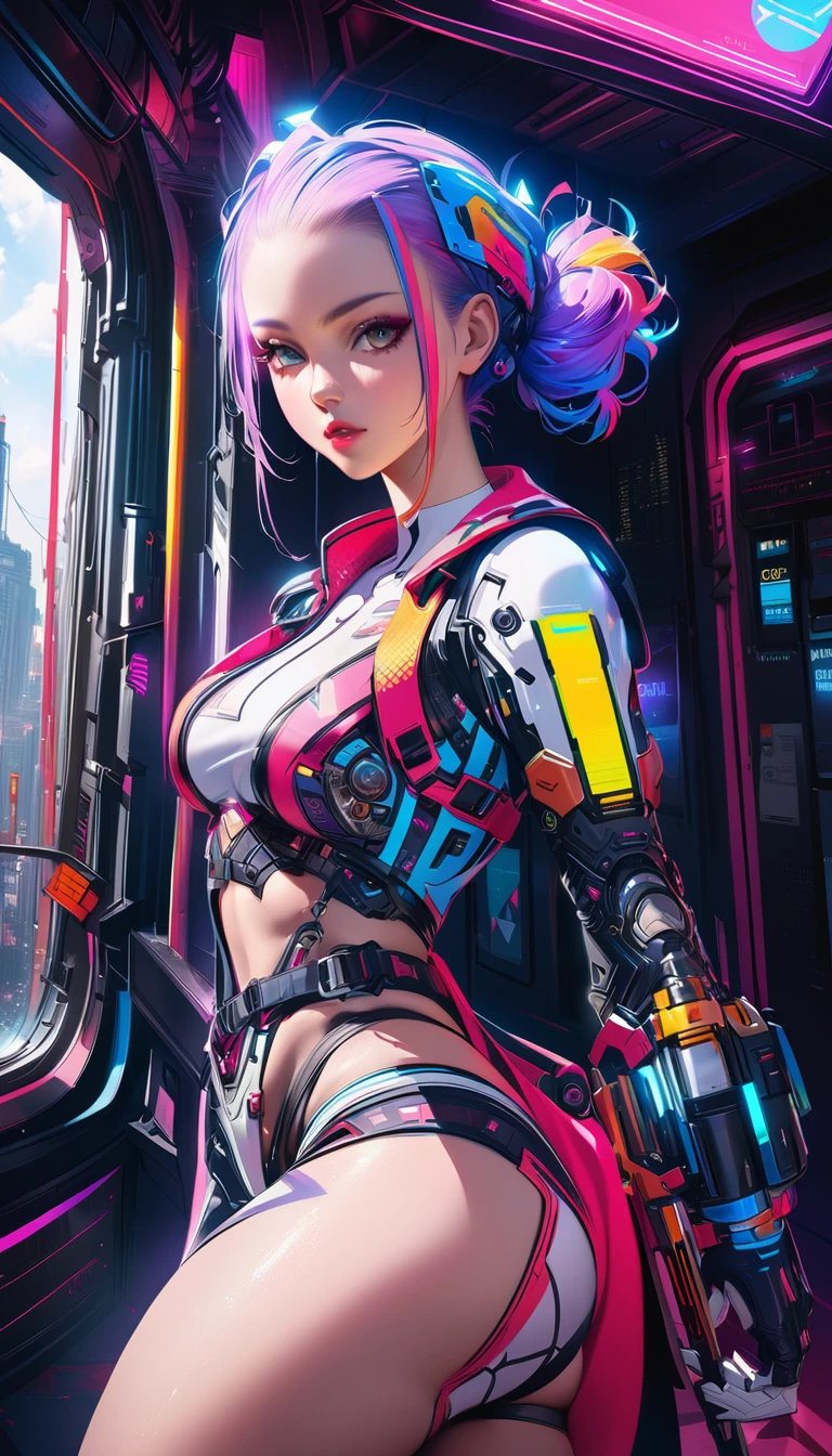 a cyberpunk-inspired woman, porcelain skin, pawg, intricate cyberpunk outfit with bold colors and patterns, eye-catching accessories, trendy and innovative hairstyle, highres, 4k, ultra-detailed, photorealistic, hyper detailed, gorgeous, flawless skin, dramatic lighting, cinematic, digital art, concept art