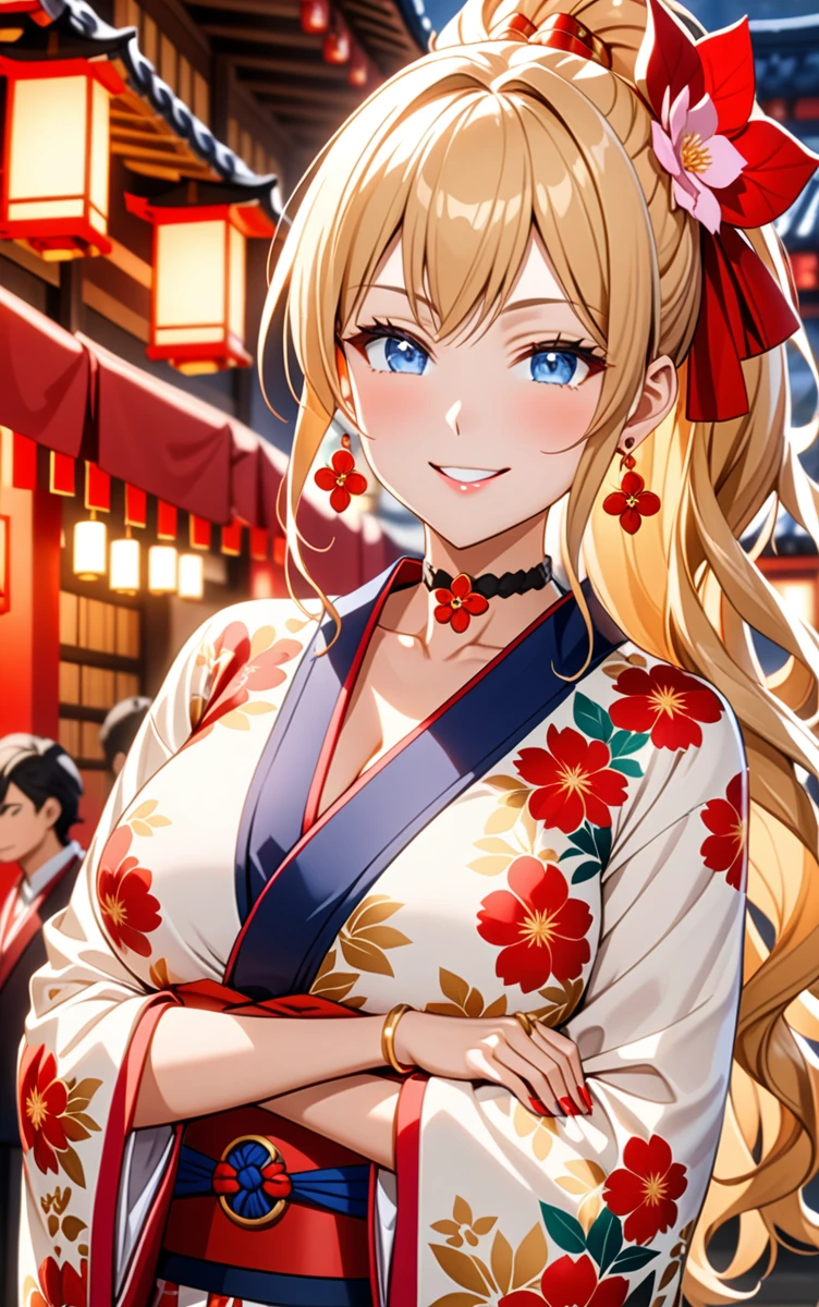((one girl)), hyper detailed, absurdres, 8K,Cute face, Beautiful Face, (Laugh shyly), ((teasing smile:1.8)), ((Wink:1.8)), (Laugh with your mouth wide open),(Tilt your head:1.3),  View your viewers, ((Bright red cheeks:1.6)),Glossy Red Lips, ((Big Breasts:1.5)) night, Shrine festival stalls, (Brighten your face), ((Anime style background)),masterpiece, Highest quality, so beautiful,Latest, Complex details, (Pink long nails), (nail art), (ring),(bracelet), (Floral Choker),AI-generated, Complex,High resolution, Highest quality, super high quality,3D Images、3D Images,One person,Blonde long hair,(High Ponytail), (Wavy Hair), Anime woman posing for a photo, ((Fine grain、blue eyes、Shining Eyes:1.6)), (Squint your eyes:1.1),a hyperRealistic , hyperRealistic , Realistic,Long blonde anime woman, Smooth anime CG art, Pink large floral patternの刺繍が入った、A girl in a gorgeous kimono, ((White long-sleeved kimono)),(Pink large floral pattern) ,Long flower hair ornament,Floral Earrings,Mature Body, expensive,Abdominal muscles,Tight waist,((Zoom in on face:2.1)), (front view),