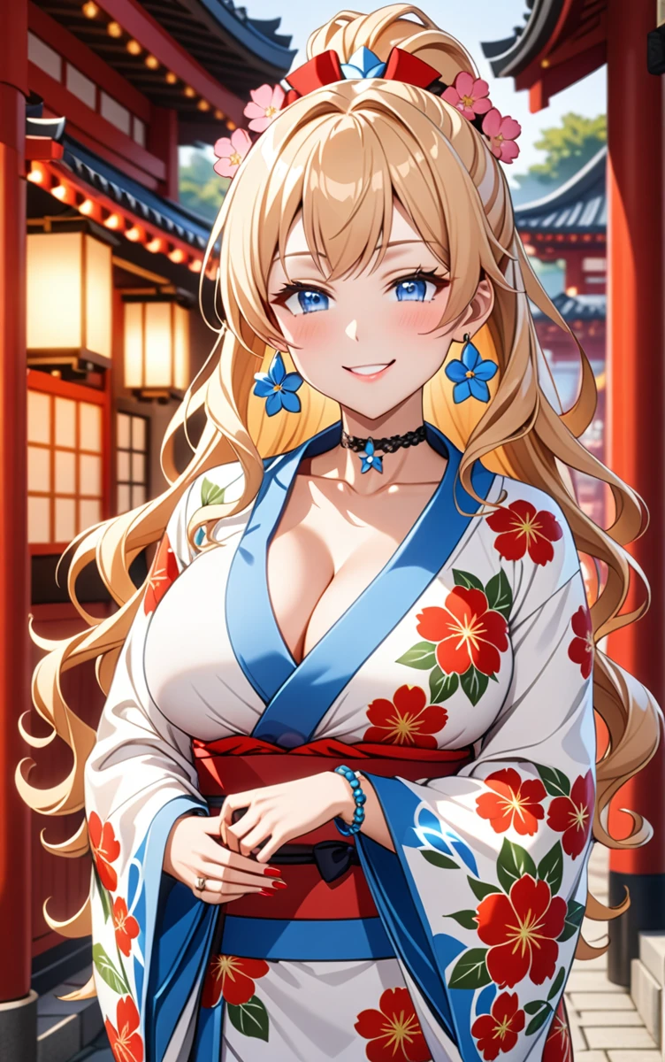 ((one girl)), hyper detailed, absurdres, 8K,Cute face, Beautiful Face, (Laugh shyly), ((teasing smile:1.8)), ((Wink:1.8)), (Laugh with your mouth wide open),(Tilt your head:1.3), View your viewers, ((Bright red cheeks:1.6)),Glossy Red Lips, ((Big Breasts:1.5)) night, Shrine festival stalls, (Brighten your face), ((Anime style background)),masterpiece, Highest quality, so beautiful,Latest, Complex details, (Pink long nails), (nail art), (ring),(bracelet), (Floral Choker),AI-generated, Complex,High resolution, Highest quality, super high quality,3D Images、3D Images,One person,Blonde long hair,(High Ponytail), (Wavy Hair), Anime woman posing for a photo, ((Fine grain、blue eyes、Shining Eyes:1.6)), (Squint your eyes:1.1),a hyperRealistic , hyperRealistic , Realistic,Long blonde anime woman, Smooth anime CG art, Pink large floral patternの刺繍が入った、A girl in a gorgeous kimono, ((White long-sleeved kimono)),(Pink large floral pattern) ,Long flower hair ornament,Floral Earrings,Mature Body, expensive,Abdominal muscles,Tight waist,((Zoom in on face:2.1)), (front view),