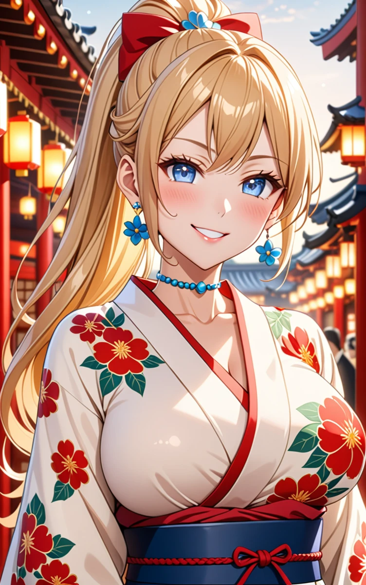 ((one girl)), hyper detailed, absurdres, 8K,Cute face, Beautiful Face, (Laugh shyly), ((teasing smile:1.8)), ((Wink:1.8)), (Laugh with your mouth wide open),(Tilt your head:1.3),  View your viewers, ((Bright red cheeks:1.6)),Glossy Red Lips, ((Big Breasts:1.5)) night, Shrine festival stalls, (Brighten your face), ((Anime style background)),masterpiece, Highest quality, so beautiful,Latest, Complex details, (Pink long nails), (nail art), (ring),(bracelet), (Floral Choker),AI-generated, Complex,High resolution, Highest quality, super high quality,3D Images、3D Images,One person,Blonde long hair,(High Ponytail), (Wavy Hair), Anime woman posing for a photo, ((Fine grain、blue eyes、Shining Eyes:1.6)), (Squint your eyes:1.1),a hyperRealistic , hyperRealistic , Realistic,Long blonde anime woman, Smooth anime CG art, Pink large floral patternの刺繍が入った、A girl in a gorgeous kimono, ((White long-sleeved kimono)),(Pink large floral pattern) ,Long flower hair ornament,Floral Earrings,Mature Body, expensive,Abdominal muscles,Tight waist,((Zoom in on face:2.1)), (front view),