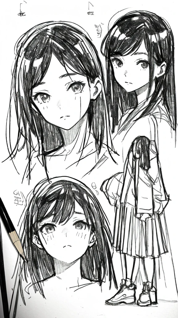 One Girl,Line art,Monochrome,sketch,Pencil drawing,Traditional Media,One Girl, skirt,Cute Teenage Girls, ,Beautiful portrait、Delicate body、Black Hair、Black Hair,landscape,Black and White