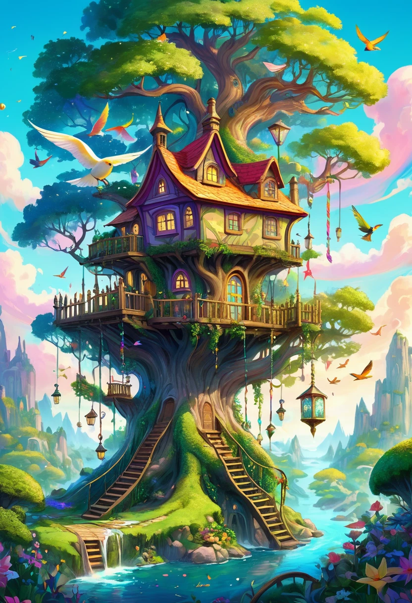 illustration:A fantasy tree house,There is a flying bird in the middle, magic Fantasy Very Detailed, Whimsical fantasy landscape art, Whimsical and psychedelic, Detailed fantasy illustration, 全彩illustration, Britney Lee, 一幅美丽的艺术illustration, Wizarding World. rich and colorful, very surreal garden, fairytale artwork, Fantasy Very Detailed, Carry space library artwork, Digital fantasy illustration, Fantasy scene