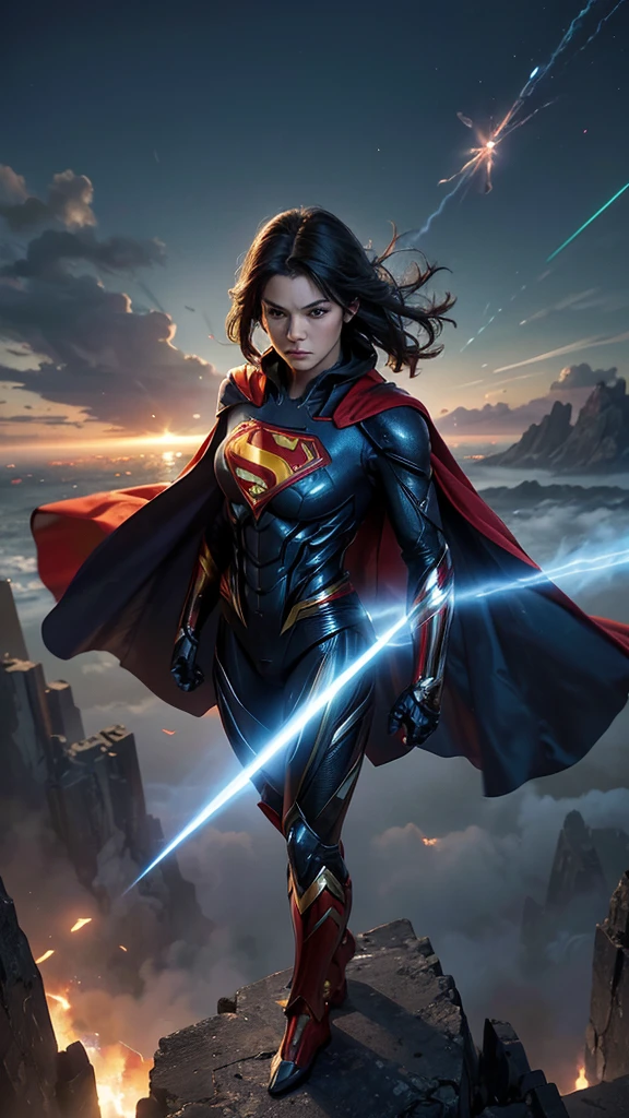 Masterpiece, best quality, NVIDIA RTX, sharp picture, cinematic lightning, ((hi-tech futuristic Superman)), ((Superman symbol)), ((flying away from explosion)), full of anger, perfect face, proportional body, luminous mecha-armor:1.3, glowing mecha armor:1.3, (cape blown by strong winds:1.3), full body, epic lights reflection, night, smokes, from above