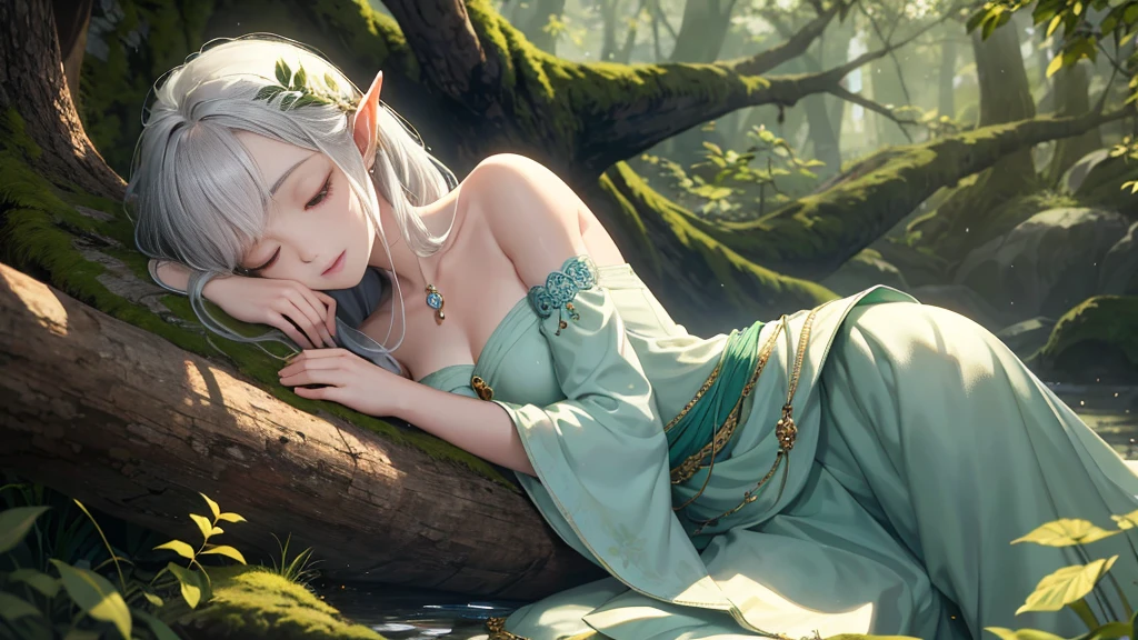 Under the protective cover of a majestic old oak tree, a young elf girl sleeps peacefully. Her silver hair spreads like a sparkling stream across the carpet of green moss, framing her delicate face. She is dressed in a light silk dress, emerald green in color, dotted with floral patterns that seem to dance in the light of the stars. Her pointy ears protrude gracefully from her hair, testifying to her elven heritage. A serene smile floats on her pink lips, while her thin eyelids hide deep blue eyes. All around her, the forest is plunged into an enchanting silence, disturbed only by the gentle murmur of the wind and the distant song of an owl. The fireflies float gently around his sleeping body, creating a magical, ethereal aura, as if time itself had decided to slow down to preserve this moment of pure tranquility.sleeping