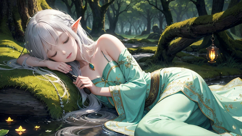 Under the protective cover of a majestic old oak tree, a young elf girl sleeps peacefully. Her silver hair spreads like a sparkling stream across the carpet of green moss, framing her delicate face. She is dressed in a light silk dress, emerald green in color, dotted with floral patterns that seem to dance in the light of the stars. Her pointy ears protrude gracefully from her hair, testifying to her elven heritage. A serene smile floats on her pink lips, while her thin eyelids hide deep blue eyes. All around her, the forest is plunged into an enchanting silence, disturbed only by the gentle murmur of the wind and the distant song of an owl. The fireflies float gently around his sleeping body, creating a magical, ethereal aura, as if time itself had decided to slow down to preserve this moment of pure tranquility.sleeping
