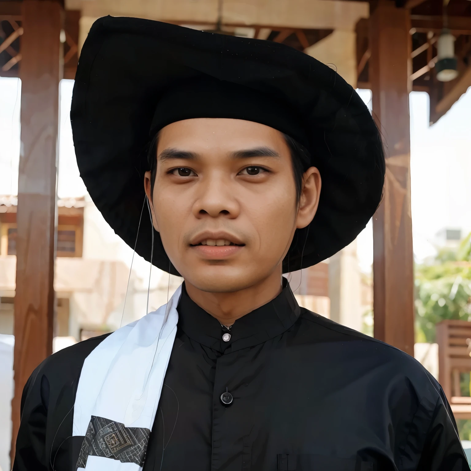 (masterpiece, best quality:1.2), 1man, solo, an Indonesian Muslim man, wearing Muslim clothing and wearing a black songkok on his head, this man's name is Abdul Somad, 35 years old. cowboy shot.