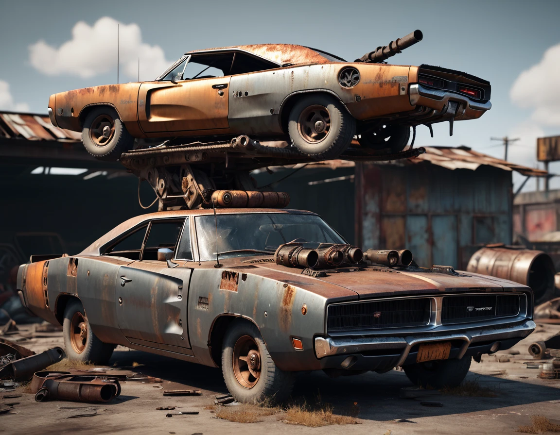 a dodge charger made of scrap metal, buzz saw launcher on the roof, post-apocalyptic, rusty, detailed grungy texture, weathered, worn, battle-damaged, dramatic lighting, cinematic, dystopian, muted colors, gritty, realistic, 8k, high quality, detailed description