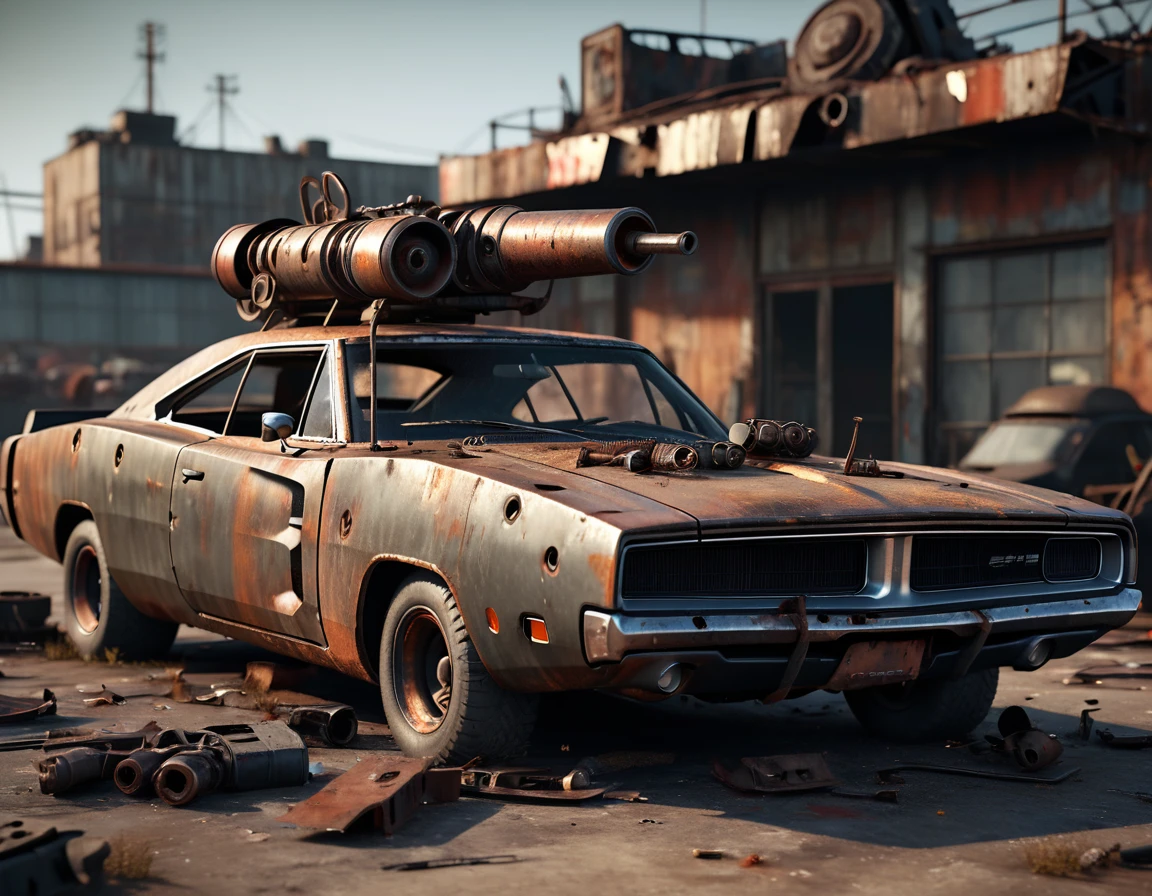 a dodge charger made of scrap metal, buzz saw launcher on the roof, post-apocalyptic, rusty, detailed grungy texture, weathered, worn, battle-damaged, dramatic lighting, cinematic, dystopian, muted colors, gritty, realistic, 8k, high quality, detailed description