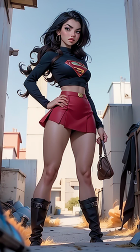 motor irreal:1.4,CG ultra realista 64K, fotorrealista:1.4, textura de la piel:1.4, obra maestra:1.4,posing behind Beautiful woman in a Superman costume standing in front of a fire apocalyptic city, mostrando vientre plano,red miniskirt, ,beautiful fine hands,