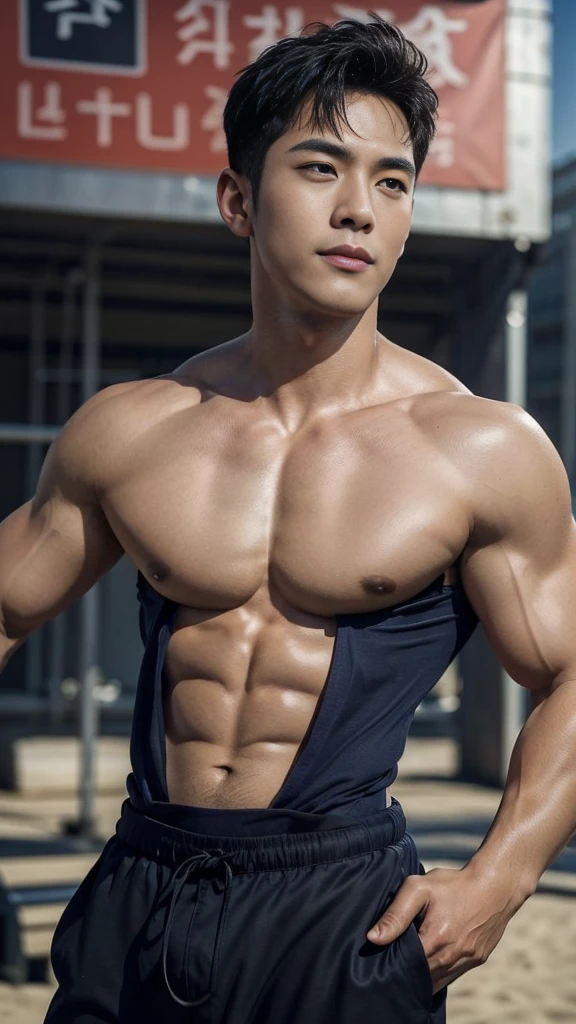 (Create a masterpiece: 1.2),(CGI art:1.3),(realistic:1.5),(After processing:1.3), (Sharp focus:1.3), 1 man, open mouth, smile, (Navy blue round neck shirt), Navy cargo pants, Korean guy , korean men, (High gloss details), chest muscles, large arm muscles, blood vessel, Big muscles, Broad shoulders, looking at the audience, Balancing the eyes, Seaside, beach, sunlight, running towards the camera