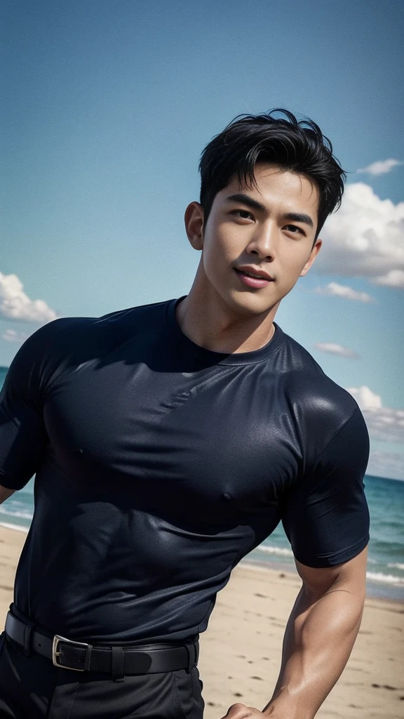 (Create a masterpiece: 1.2),(CGI art:1.3),(realistic:1.5),(After processing:1.3), (Sharp focus:1.3), 1 man, open mouth, smile, (Navy blue round neck shirt), Navy cargo pants, Korean guy , korean men, (High gloss details), chest muscles, large arm muscles, blood vessel, Big muscles, Broad shoulders, looking at the audience, Balancing the eyes, Seaside, beach, sunlight, running towards the camera