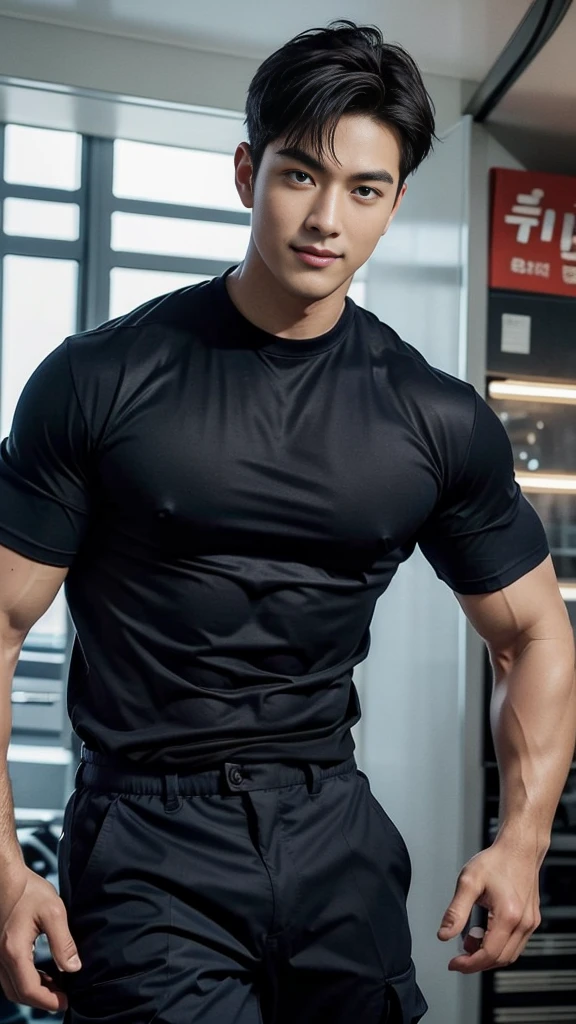 (Create a masterpiece: 1.2),(CGI art:1.3),(realistic:1.5),(After processing:1.3), (Sharp focus:1.3), 1 man, open mouth, smile, (Navy blue round neck shirt), Navy cargo pants, Korean guy , korean men, (High gloss details), chest muscles, large arm muscles, blood vessel, Big muscles, Broad shoulders, looking at the audience, Balancing the eyes, Seaside, beach, sunlight, running towards the camera