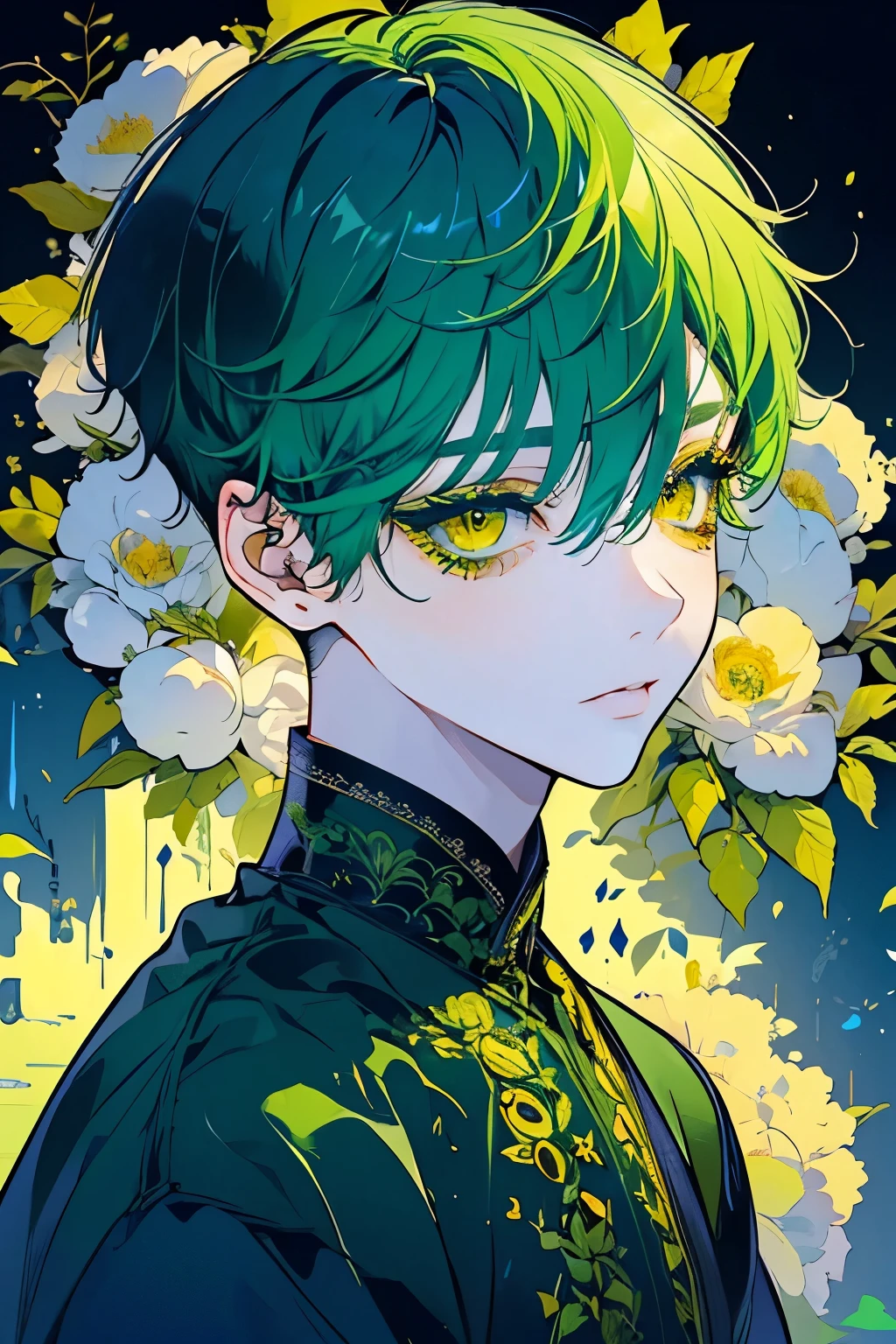 (Mastepiece), (Best Quality), Very detailed, 1 boy, Solo Shooting, Perfect Face, Beautiful Face, Very detailedな顔，(Green Hair:1.3)，(short hair:1.4)、(Big eyes:1.4)，(Long eyelashes:1.4)、(Yellow Eyes:1.3)、Black clothes、Lots of flowers、petal