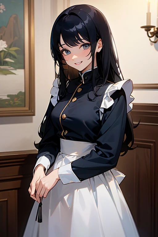 (Highest Resolution, clear_image) Highest quality, single, One woman, alone, masterpiece, Very detailed, Semi-realistic, Black Hairのショートヘア, Black Hair, bangs, 18-year-old, mature, light blue uniform, uniform, Indoor Background, kind, Authoritative, Powerful, exquisite features, exquisite features、Eyelashes become longer、Showing teeth、smile😀、Maid clothes、woman&#39;Fingers in the、Sleeping on the sofa、Long Hair、Fluttering in the wind、cleaning、Navy blue clothes、Long Hair、