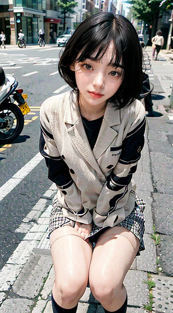 (Remote Play), ((shool uniform)), In the street, (Eyes closed, Open mouth, Slouching posture), 1womanl, 独奏, 18year old, 7headed body, Ideal ratio body proportions, erectile nipple, Sexy body, Medium hair, A dark-haired, small tits, A slender, Small buttocks, beauty legs, Skinny Legs, surrealism, Cinematic lighting, depth of fields, One-person viewpoint, F/1.8, 135 mm, nffsw, masutepiece, ccurate, Anatomically correct, Textured skin, Super Detail, high details, High quality, awardwinning, Best Quality, hight resolution, 8K